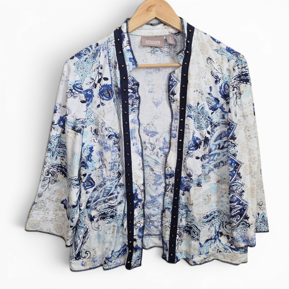 Chicos Cardigan Womens 2 US Large White Blue Paisley Open Front Casual Ladies